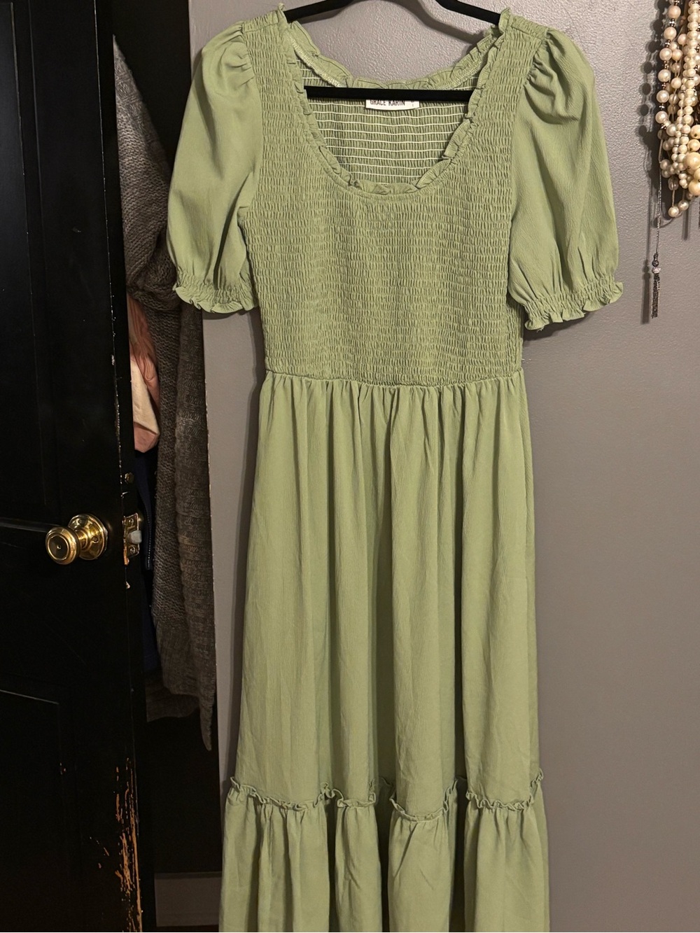 Grace Karin Sage Green Maxi Dress with Smocked Bodice